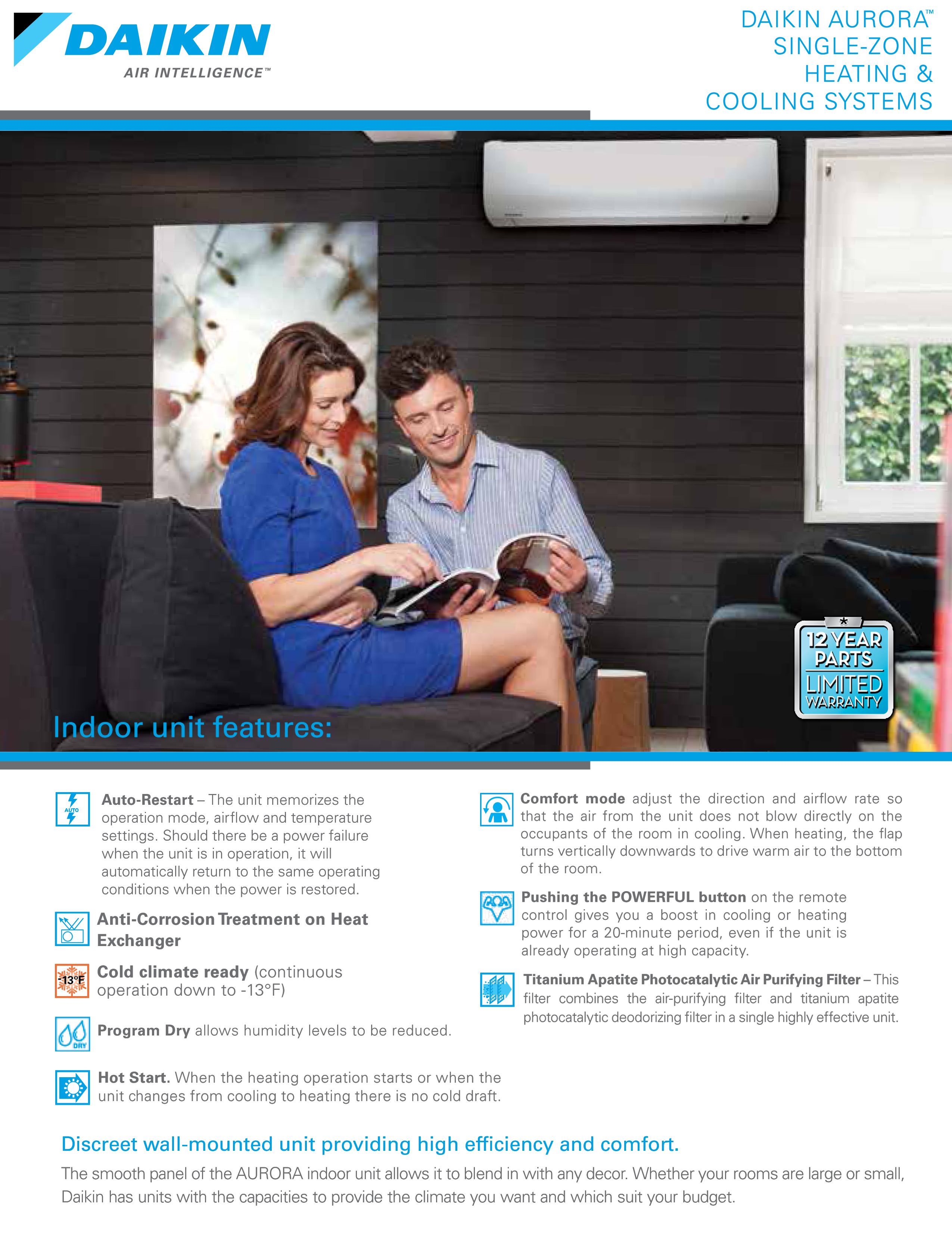 Mini Split 15,000 BTU Daikin Aurora 20 SEER Cold Climate System, RXL15QMVJUA, FTX15NMVJUA